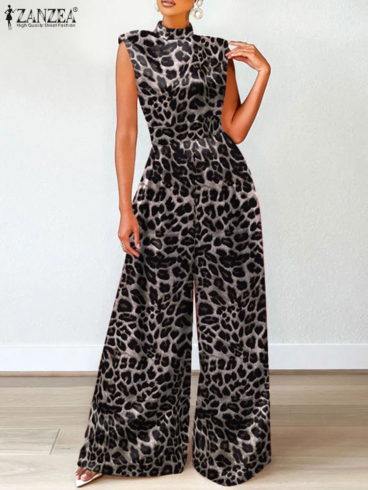 

ZANZEA Women Wide Leg Long Pants Overalls Fashion Leopard Printed Jumpsuit 2023 Sexy Sleeveless Waisted High Collar Leggings