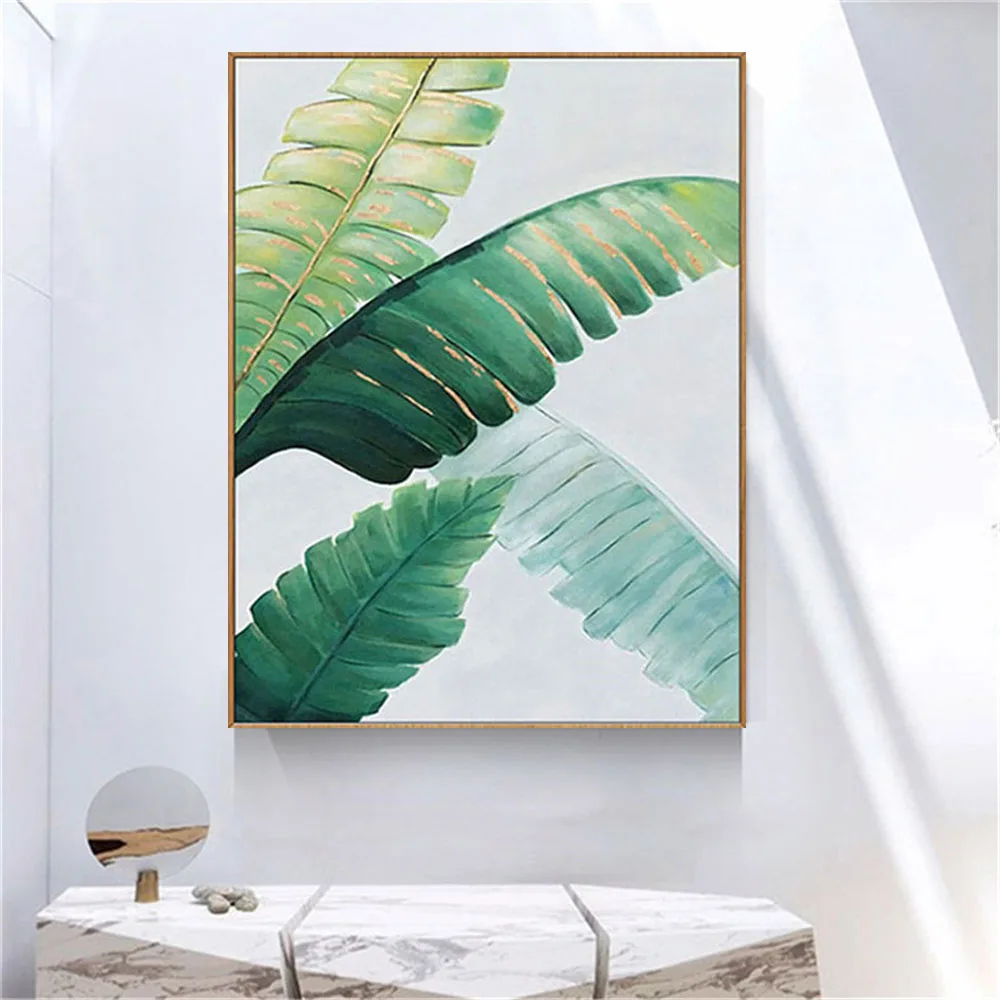 

green and Gold Pineapple Monstera Plant Painting Large Leaf Wall Art picture For Living Room Decor Unique handmade oil painting