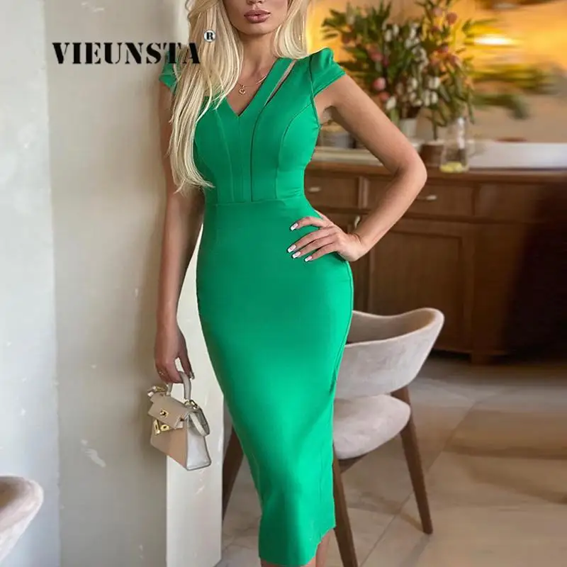 

Элегантное однотонное облегающее платье с вырезами, женское привлекательное облегающее офисное платье с коротким рукавом, женское модное платье миди с V-образным вырезом для поездок