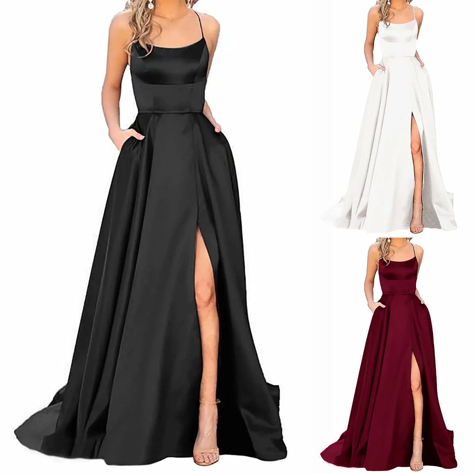 

Prom Dresses Ladies Long Women Elegant Halter Backless Long DressesCrisn Satin Spaghetti Party Prom Dress Halter Evening Gown