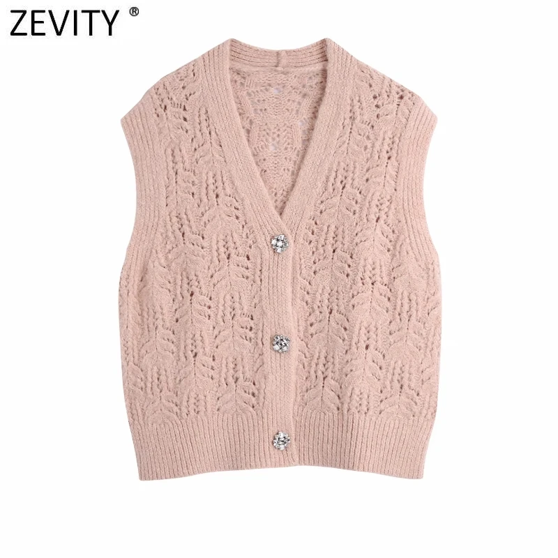 

Zevity Women Fashion V Neck Hollow Out Crochet Knitting Sweater Ladies Sleeveless Diamond Button Vest Cardigans Chic Tops SW842