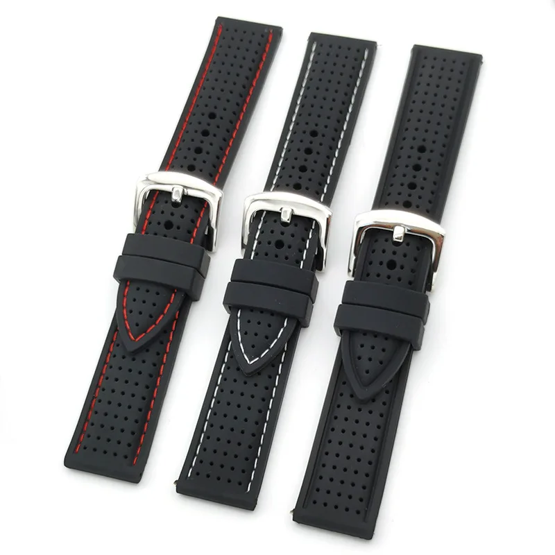 High Quality Rubber Watch Band 20 22mm Soft Sports Waterproof Breathable Suture Silicone Watch Strap