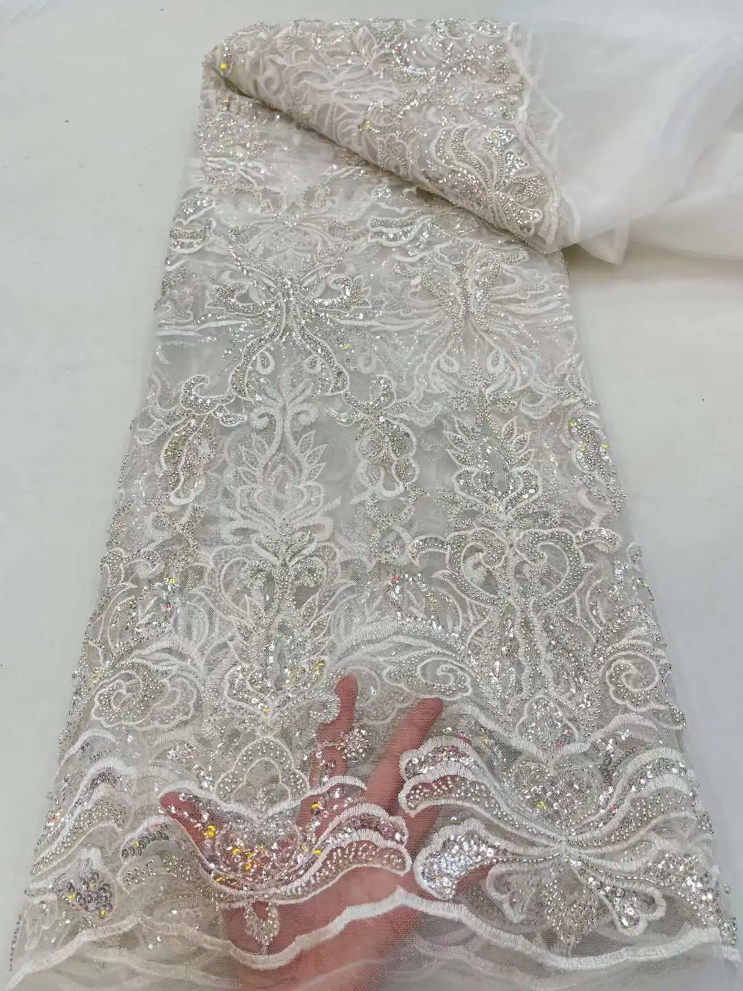 

High Quality Embroidery African Beaded Lace Shiny Sequins French Tulle Net Lace Fabric Nigeria With Beads Lace Fabric