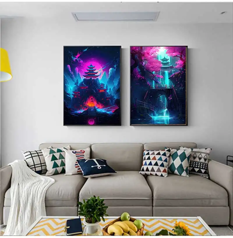 Пейзаж Настенный неоновый розового цвета Сказочная Картина на холсте в стиле