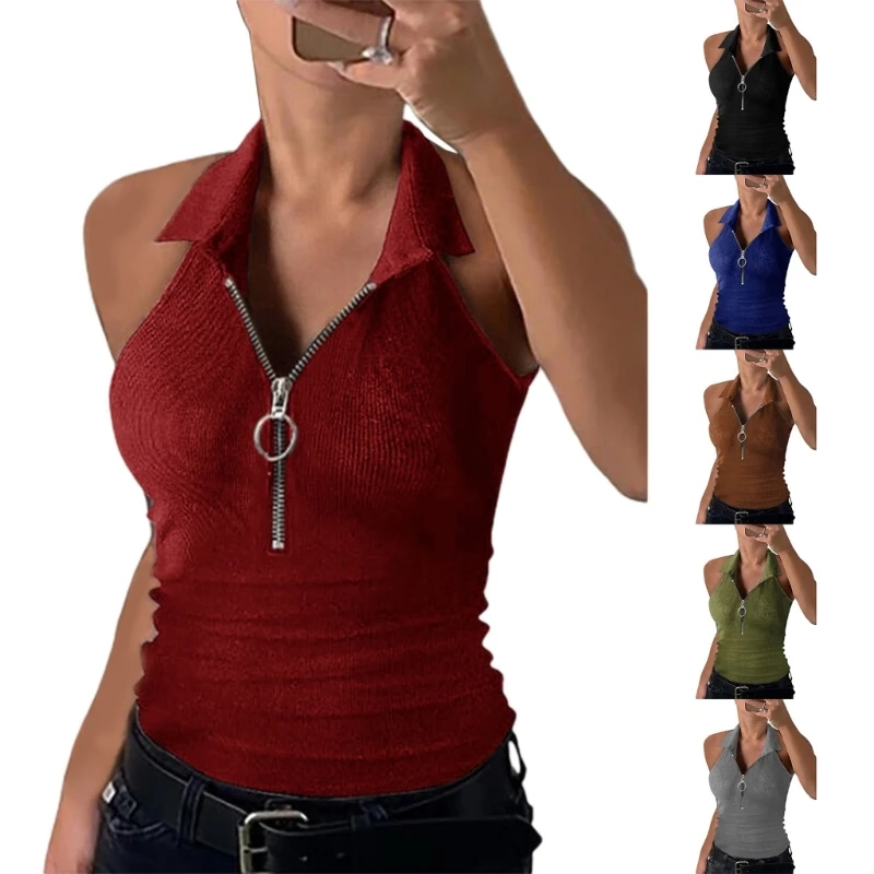 

Женская летняя футболка без рукавов, однотонная Повседневная облегающая футболка в рубчик с полумолнией, отложным воротником и V-образным вырезом