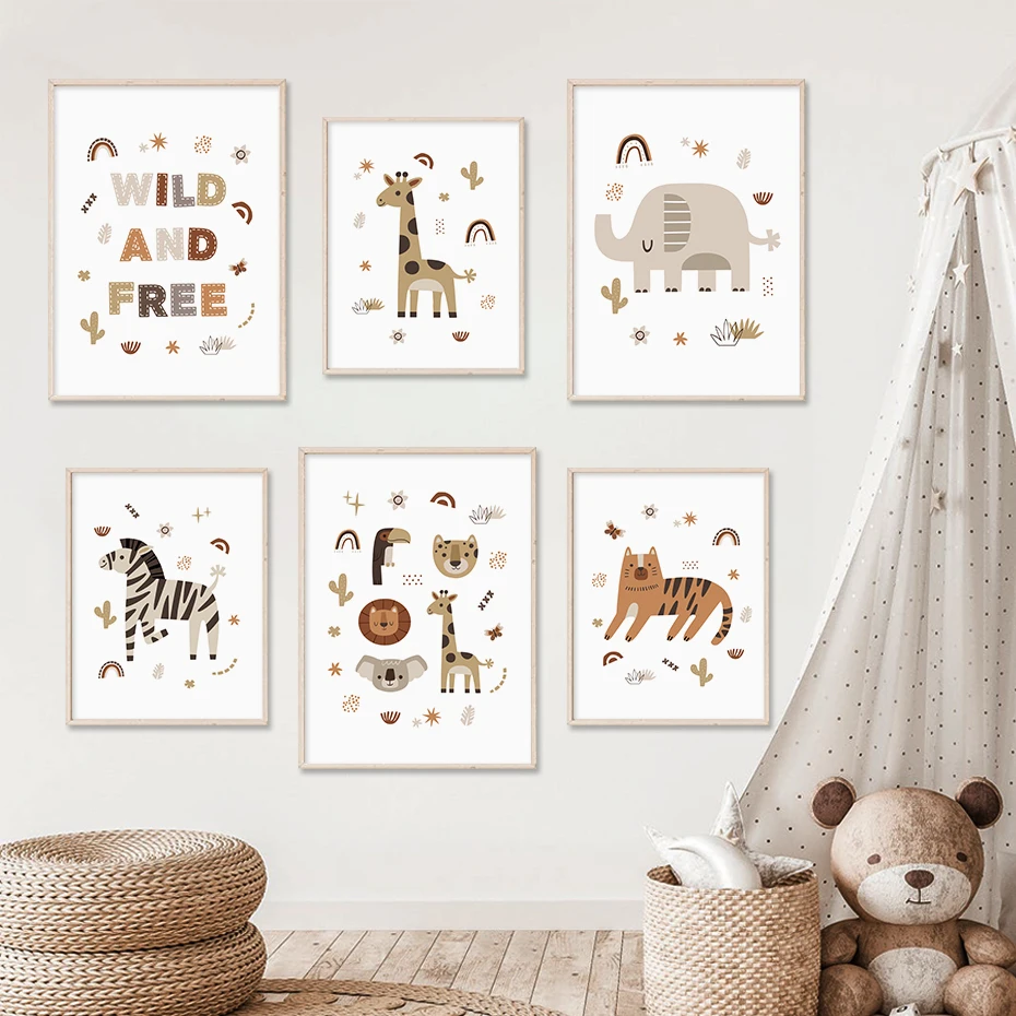 

Cartoon Giraffe Lion Animals Nursery Poster Print Canvas Painting Beige Wall Art Picture Kids Play Room Baby Bedroom Home Decor