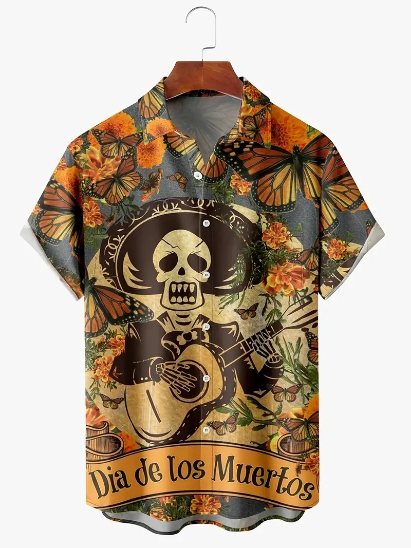 

Halloween Mens Skull Cat Shirt Hawaiian 3D Printed Korean Women's Short Sleeve Summer Harajuku Casual Mens Spooky Beach Clothing