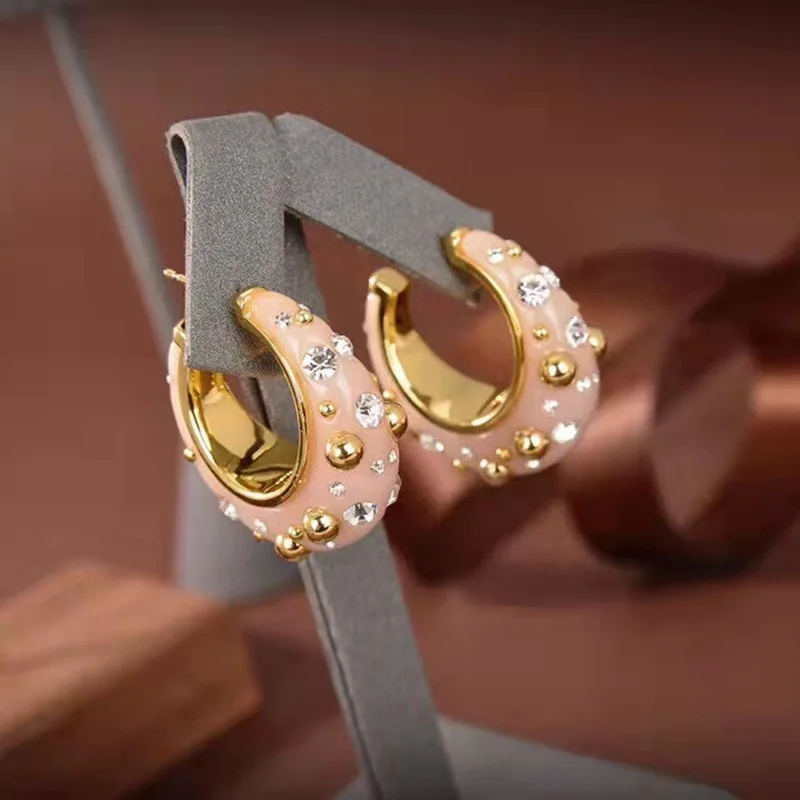 

European and American Personalized Half Circle Rhinestone Earrings Female Special-Interest Design Lotus Root Starch Drip Glazed