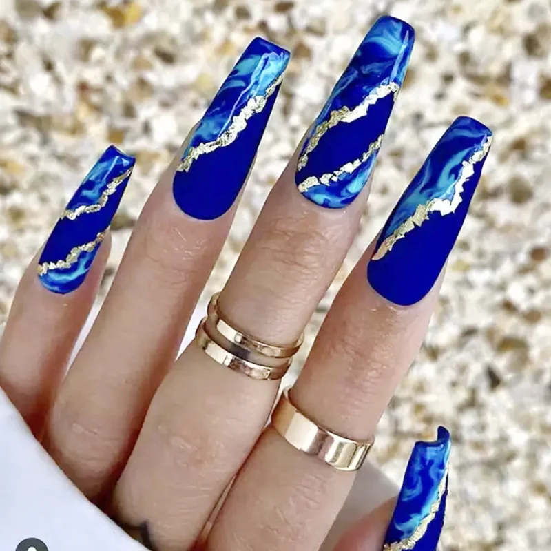 

Gold Foil Dark Blue Flame Wearing Nail Sweet Cool Detachable Fake Nail Patch Artificial Nail Full Cover Pressing Nail