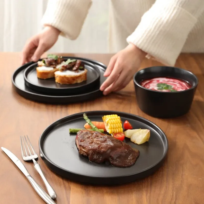 

Luxurious Stoneware 12-Piece Round Dinnerware Set by Lain Cecile - Rich Black with Contrasting Bands, Perfect for Any Table Sett