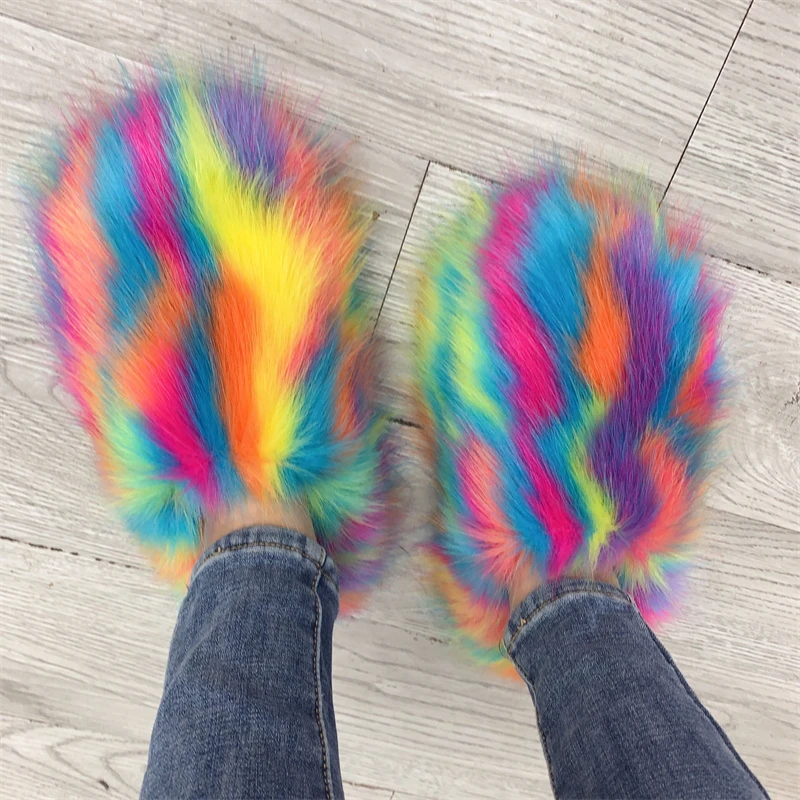 Spring Summer Women Plush Flat Shoes Outdoor Indoor Fashion Slippers Raccoon Fur Slides