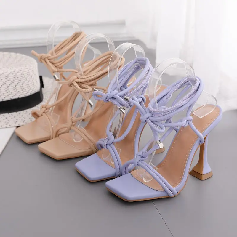 

Summer Gladiator Narrow Band Sandals Women's New Square Toe Mixed Colors Fashion Lace-up Sexy PU Thin Heels Party Shoes Apricot