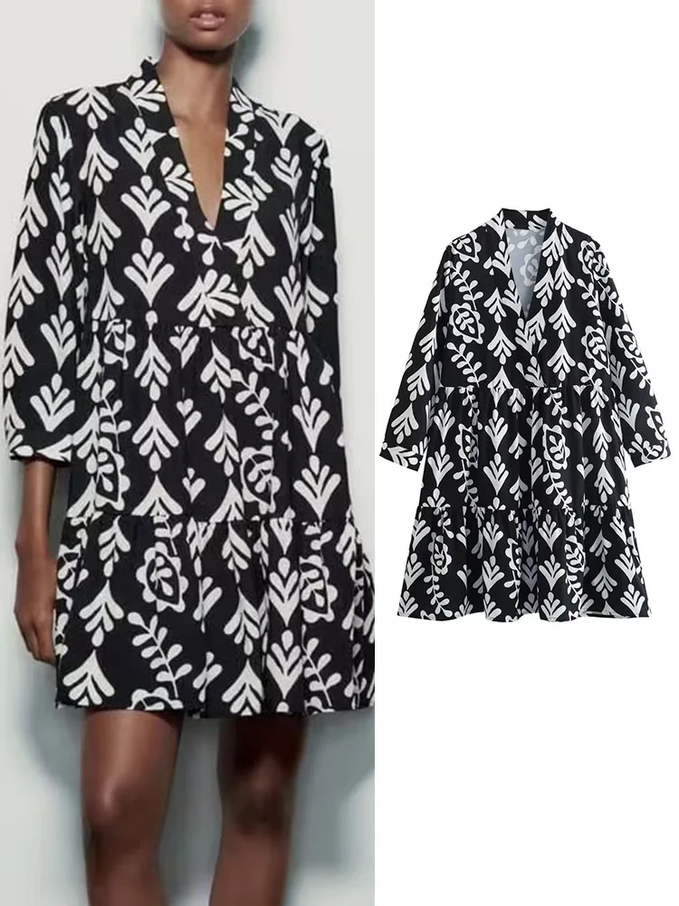 

TRAF Simple Print Loose Mini Dresses For Women 2023 Summer Elegant Female Causal Single Breasted Long Sleeve A-Line Dresses