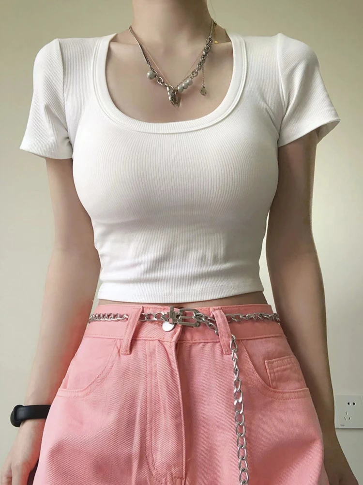 Футболка женская облегающая, стильная уличная одежда с коротким рукавом, однотонный пикантный универсальный топ в стиле Ins