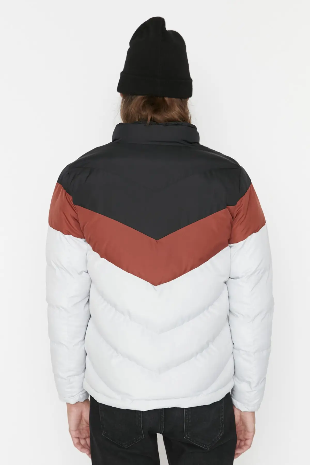 Black Men's Stand Collar Color Block Windproof Jacket TMNAW22MO0166