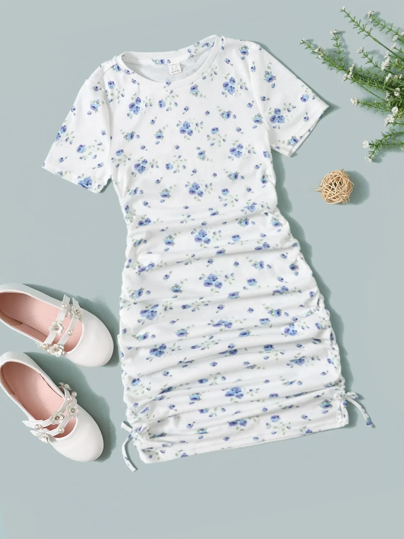 

Teen Girls Floral Print Ruched Knot Side Dress