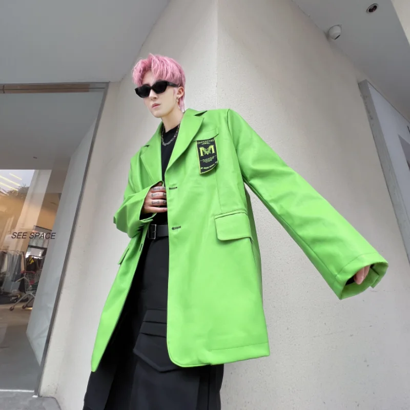 Loose Fit Fluorescent Green PU Blazers Mens Fashion Trends Faux Leather Streetwear Teenage Oversized Suit Jacket Casual Clothing