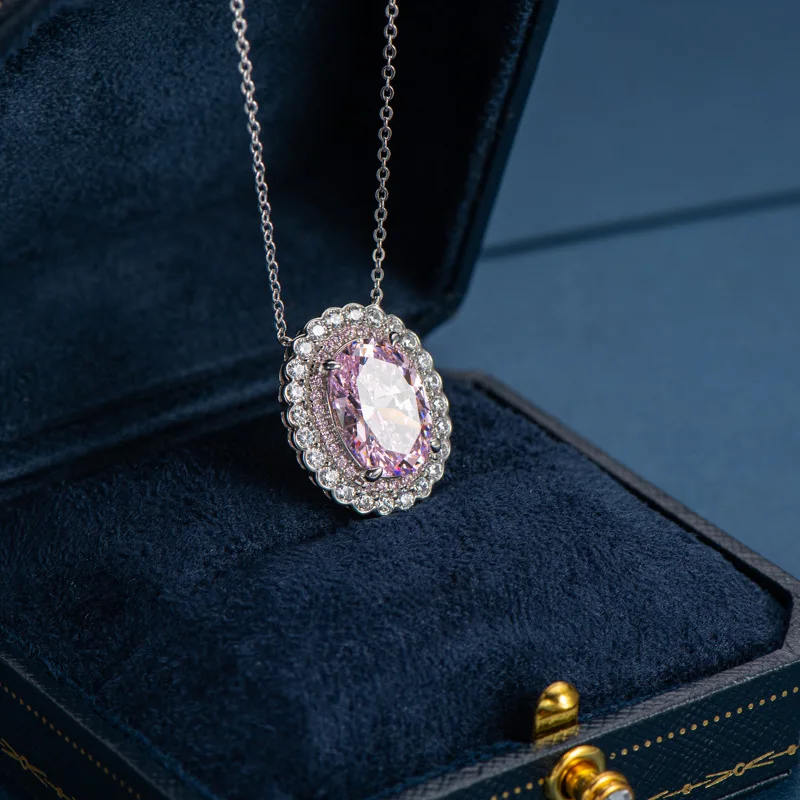 Ice Flower Cut Dove Egg Pendant Pink S925 Silver Color Micro-Set High Carbon Diamond Necklace Female 12 * 12 Christmas Gift