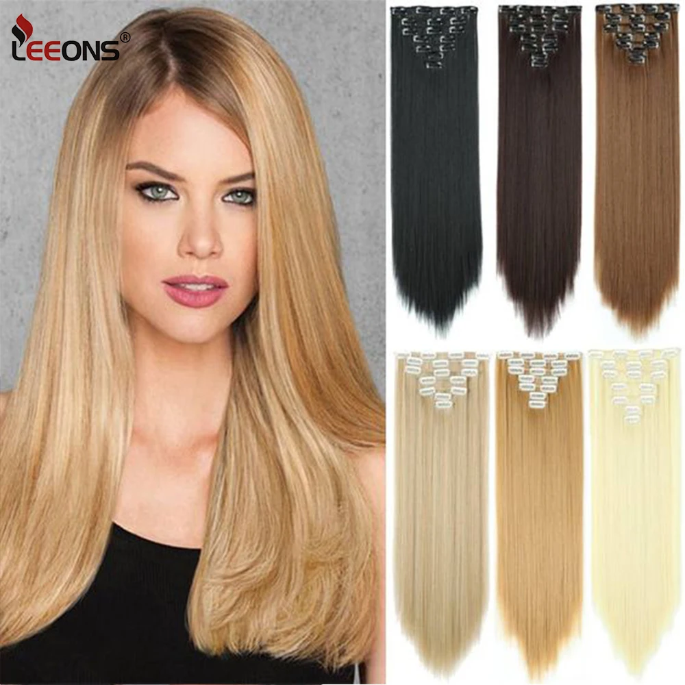 

Leeons Synthetic 22Inch Long Straight 16 Clip in Hair Extensions Heat Resistant Wavy Hairpiece High Temperature Fiber False Hair