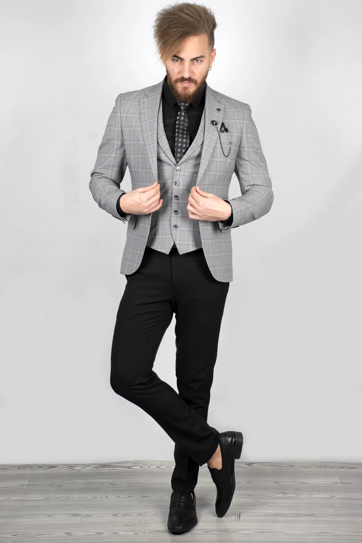 

DeepSEA Plaid Patterned Narrow Cut Jacket Vest Suit 2000169