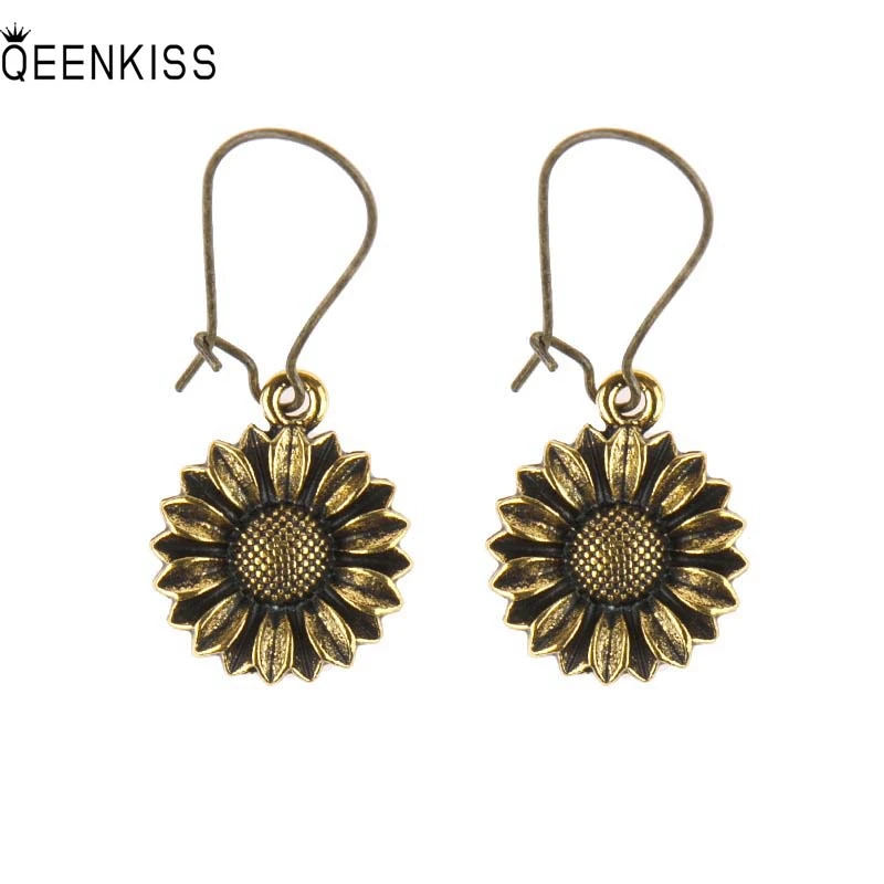 

QEENKISS EG6352 2022 Fine Jewelry Wholesale Fashion Woman Girl Birthday Wedding Simple Retro Daisy Antique Copper Drop Earrings