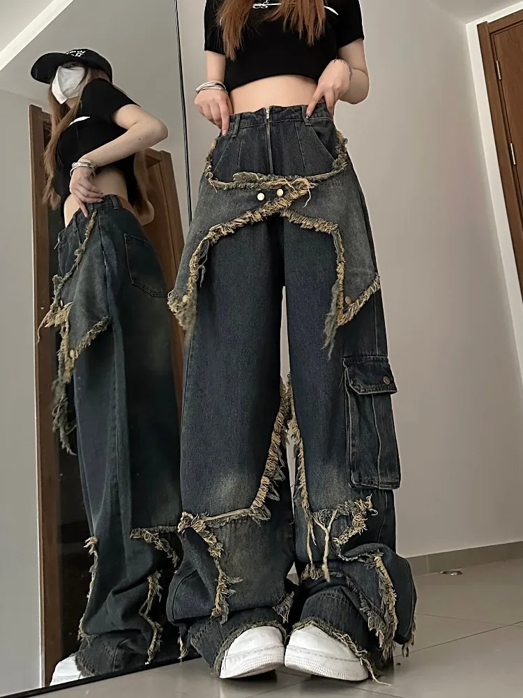 

Женские джинсы в американском стиле ретро, свободные брюки с широкими штанинами, модные повседневные брюки в стиле панк со звездами и бахромой, весна-лето