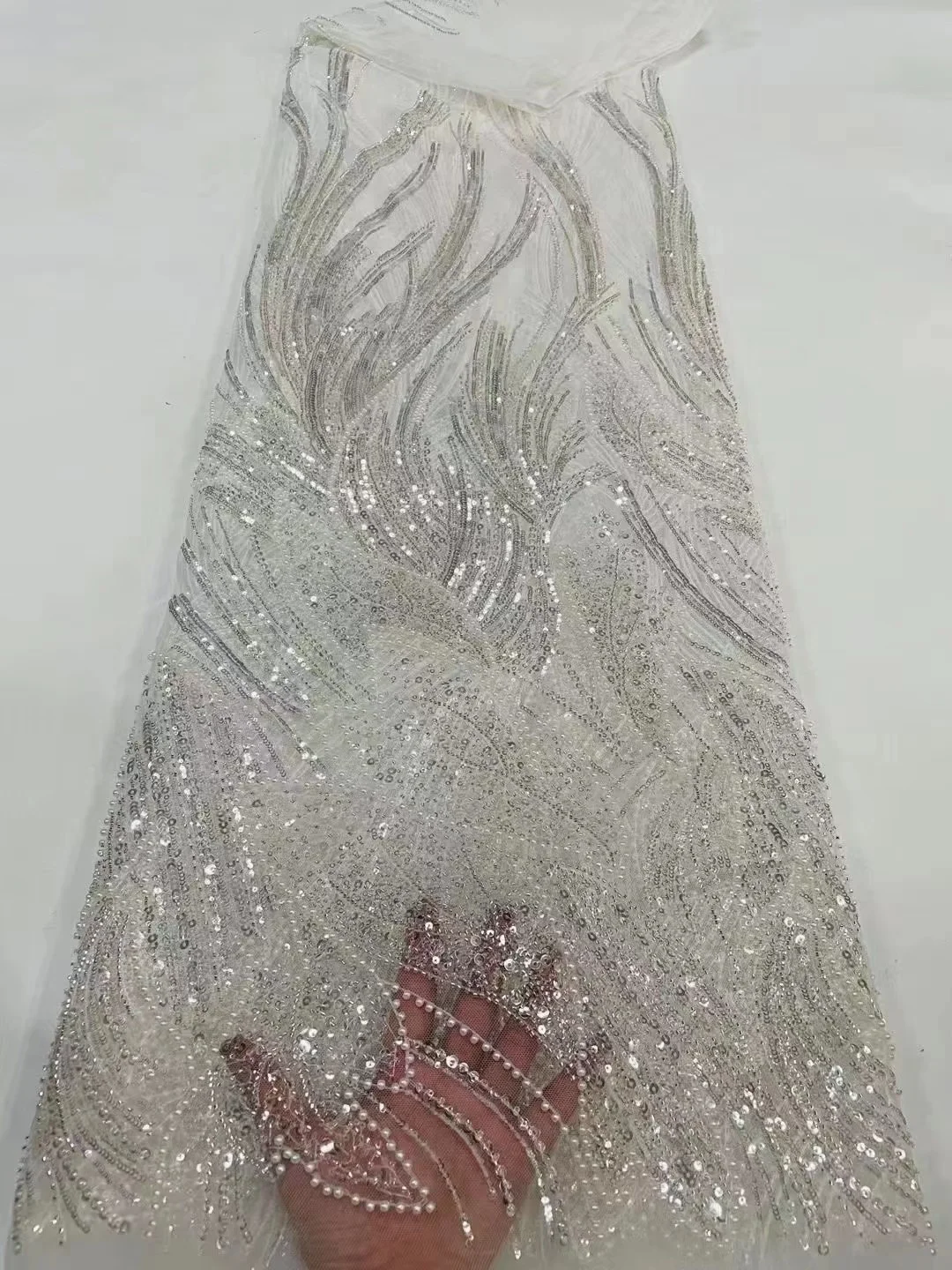 

WHITE Women's Sequins Sewing Material 5 Yards Tube Beads High Quality Sequins African Lace Fabric For Wedding