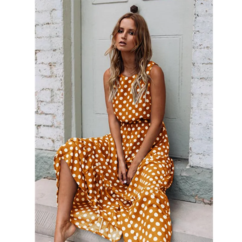 

Summer Sleeveless Polka Dot Print Women Midi Dress Casual Fashion Dresses A-Line Boho Elegant Beach Long Dress Vestidos de Mujer