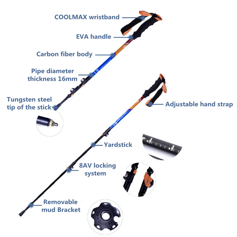 

Carbon Fiber Tungsten Steel Tip External Lock Cane Trekking Pole 200g/Pcs Three-Section Telescopic Crutch