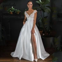 2022 v neck satin wedding dresses elegant appliques lace short sleeves bridal gown sexy high slit backless vestidos de novia