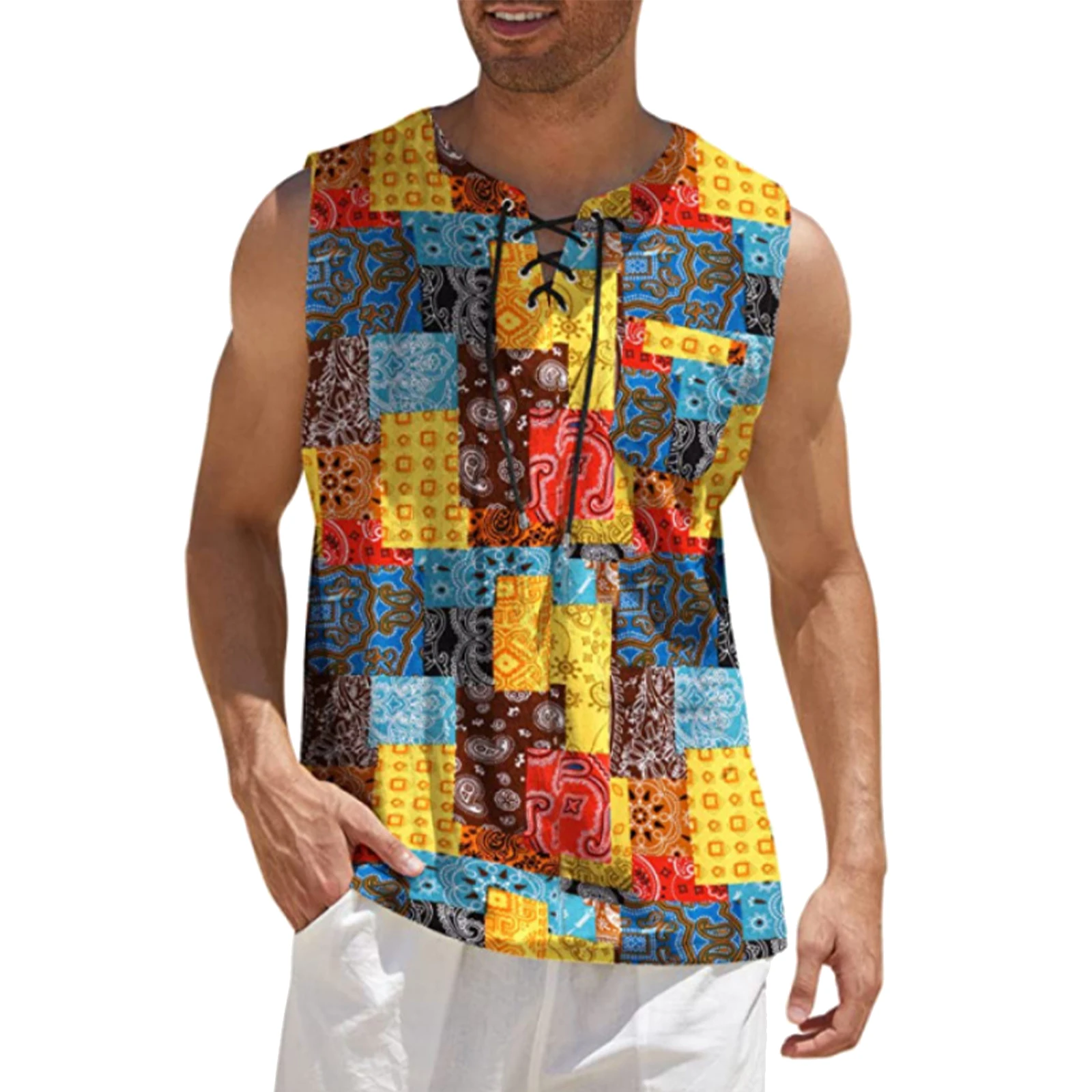 

Mens Hawaii Cotton Linen Tank Tops Casual Sleeveless Lace-up Folk Print Loose Tops Vest Summer Men's Vacation Clothes