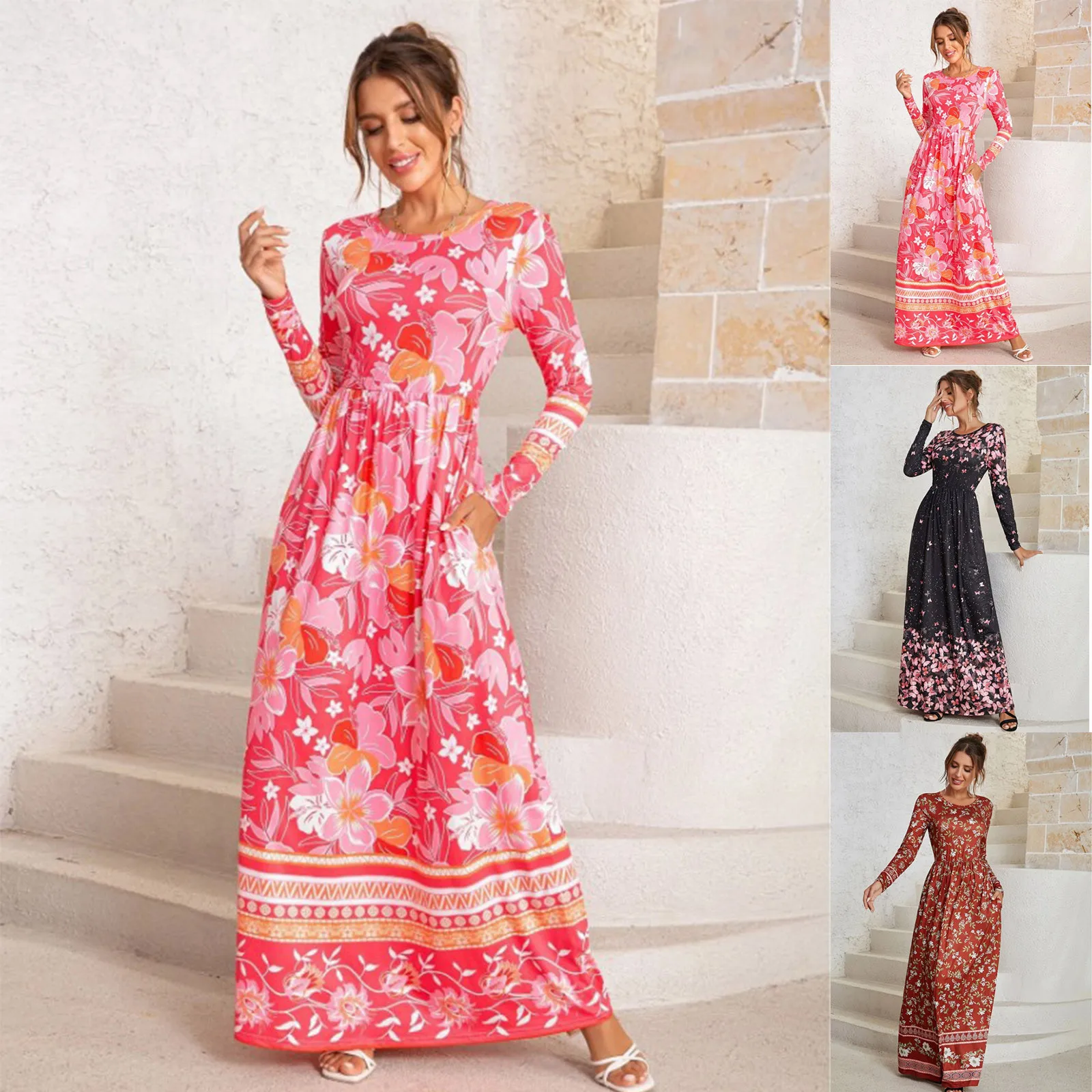 

Женское Повседневное платье с цветочным принтом, длинным рукавом и круглым вырезом