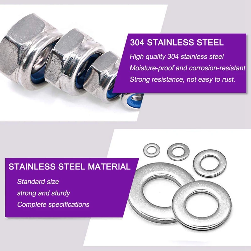 

290Pcs Lock Nuts Set With Flat Washer Set Nylon Insert Nyloc Nut Stainless Steel Locking Stop Nuts