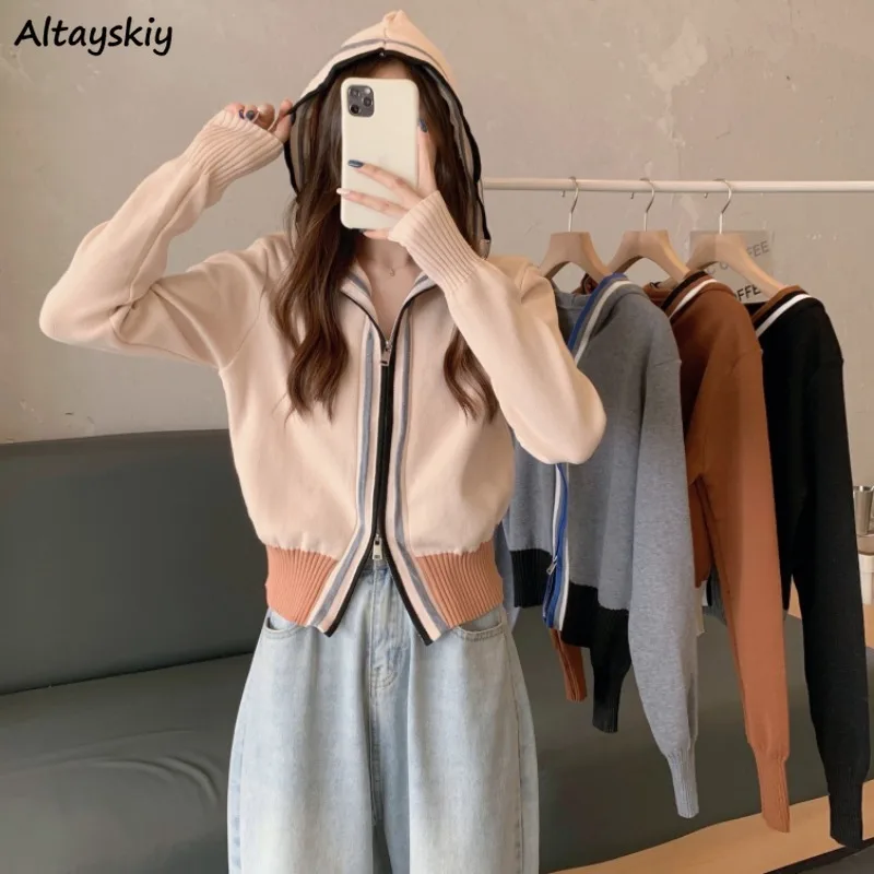 

Women Hooded Cardigans Cropped Sweaters Slim Preppy Students Simple Retro Coats Zip-up Designed Knitwear Slouchy Chic Harajuku