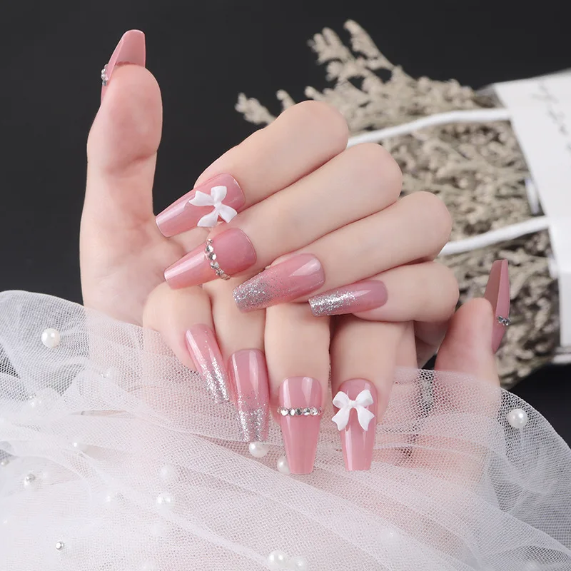 

24pcs Wear Nails False Rhinestone Bow Temperament Jelly Glue Press on Nails Extension Full Cover Nail Tips Xxl