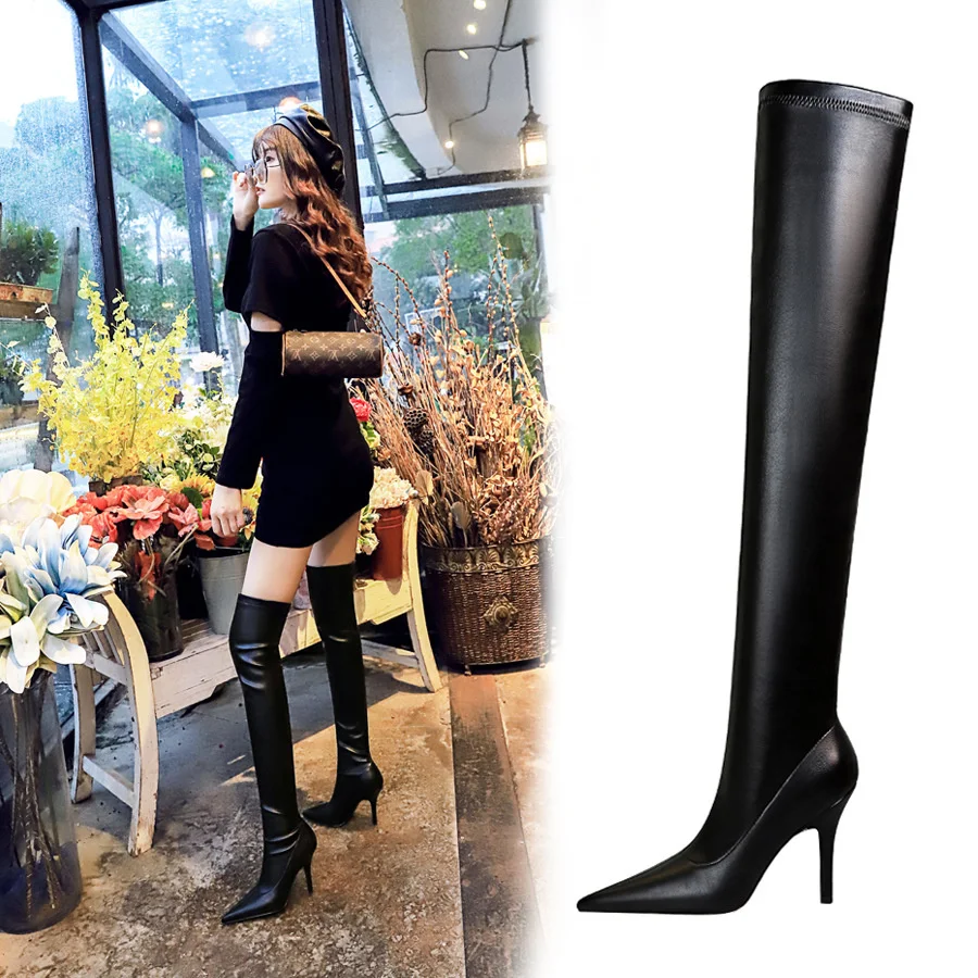 Women's High Heel Fashion Black Platform Boots Sexy Nightclub Show Thin Pointed Pedicure Over Knee Winter Shoes Square Toe Heels