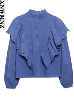 xnwmnz 2022 new women fashion elegant ruffles embroidered blouse female chic round neck long sleeves summer tops