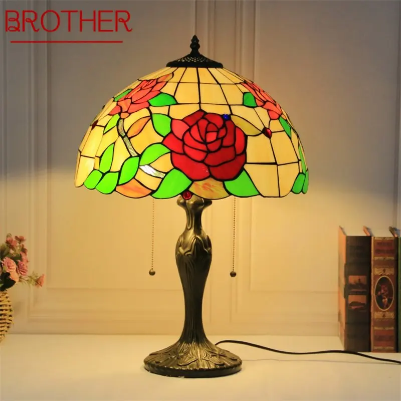 

BROTHER Tiffany Glass Table Lamp LED Vintage Fashion Simple Rose Desk Light Decor For Home Living Room Bedroom Bedside