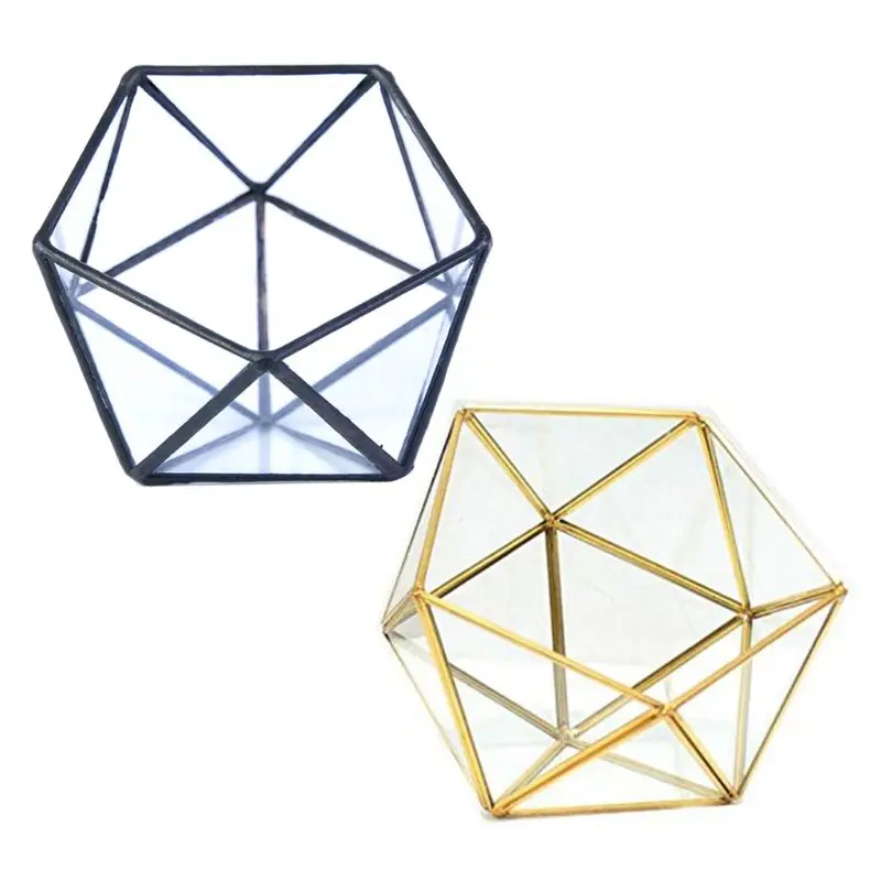 D7WB Modern Artistic Clear Glass Jewelry Box Geometric Pentagon Shape Succulent Moss Fern Plant Terrarium Home Ornament