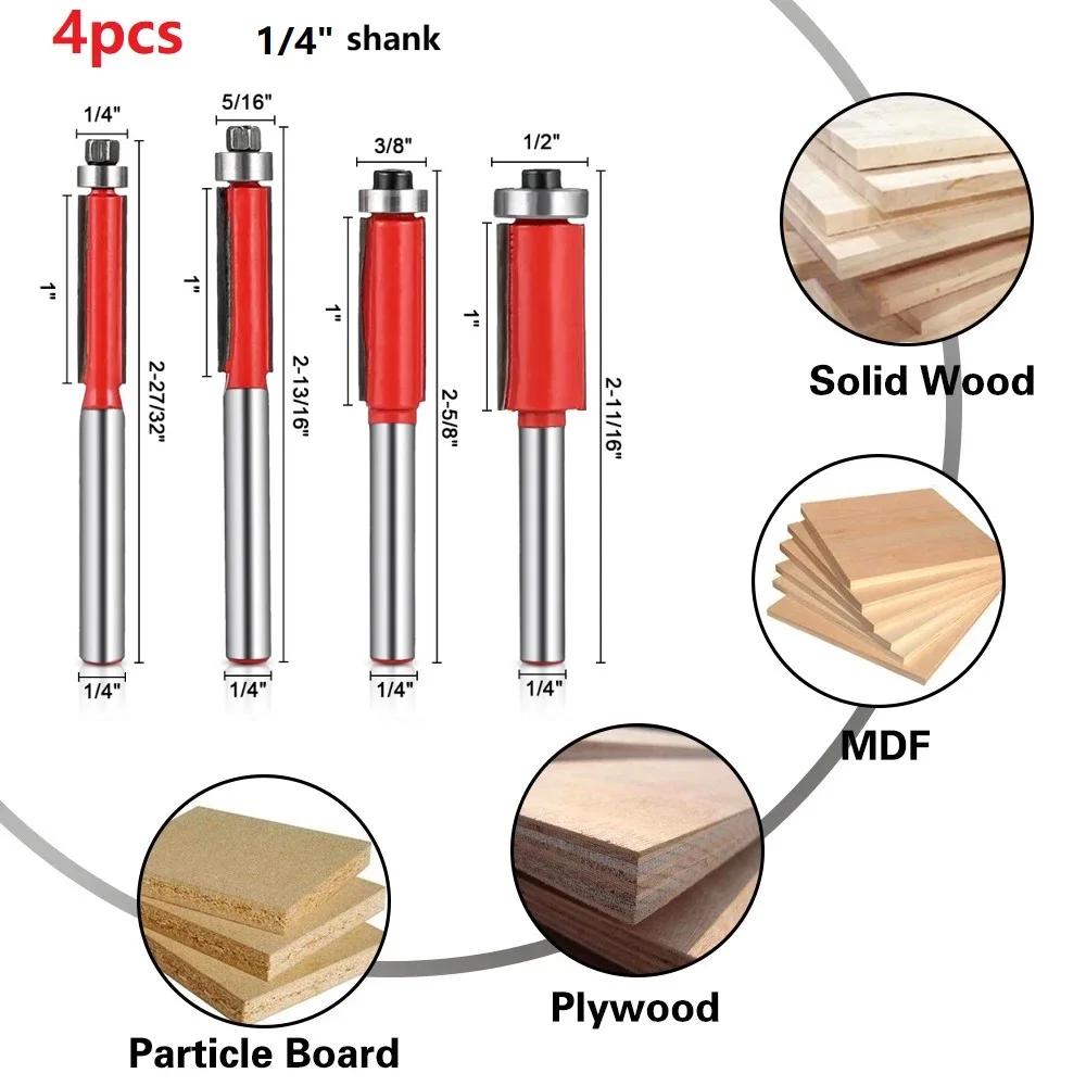 

4PC 1/4inch Milling Cutter Flush Trim Router Bit For Wood Tungsten Carbide Milling Cutter Power Tool Trimmer Carpentry Woodwork