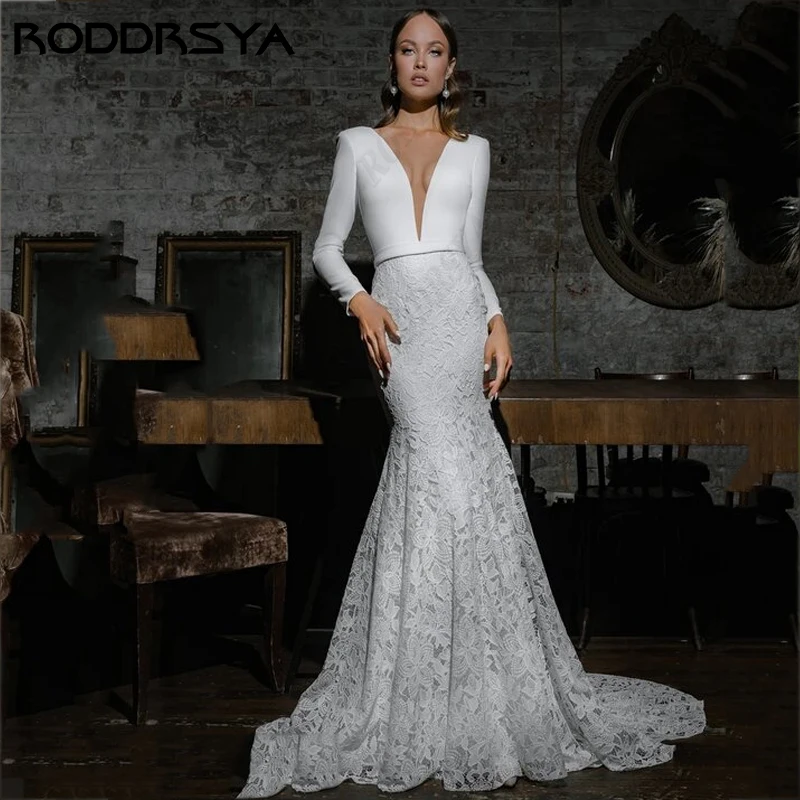 

Женское атласное платье-Русалка RODDRSYA, с глубоким V-образным вырезом и длинным рукавом, мягкое свадебное платье невесты, пляжное платье для свадьбы с глубоким V-образным вырезом и длинным рукавом, мягкое свадебное п