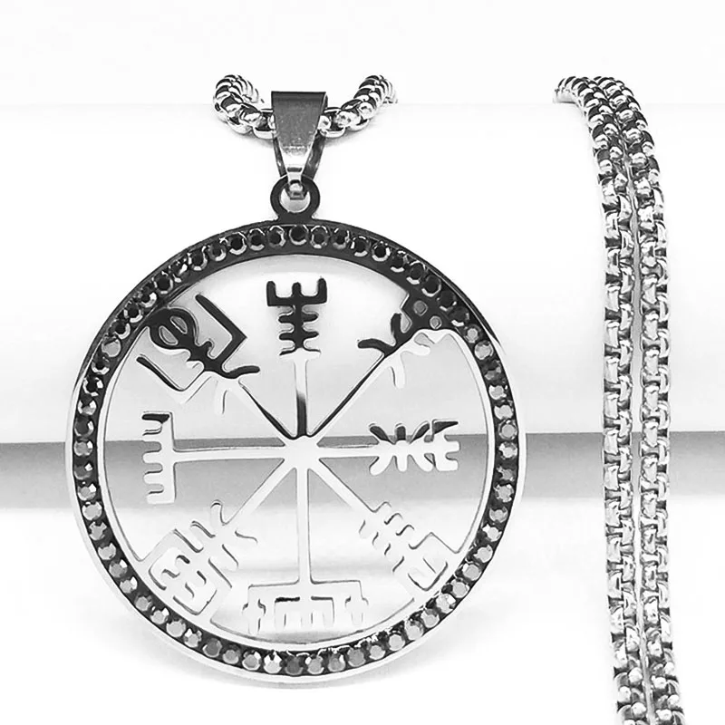 

Viking Vegvisir Symbol Compass Black Crystal Necklaces Pendant for Men Stainless Steel Pagan Amulet Necklace Jewelry N4831S08