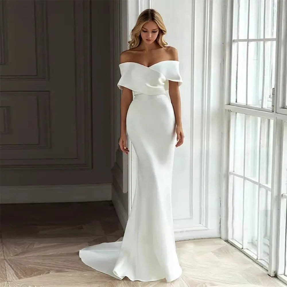 

Женское атласное свадебное платье-русалка, простое платье со съемным шлейфом и V-образным вырезом, платье с открытыми плечами
