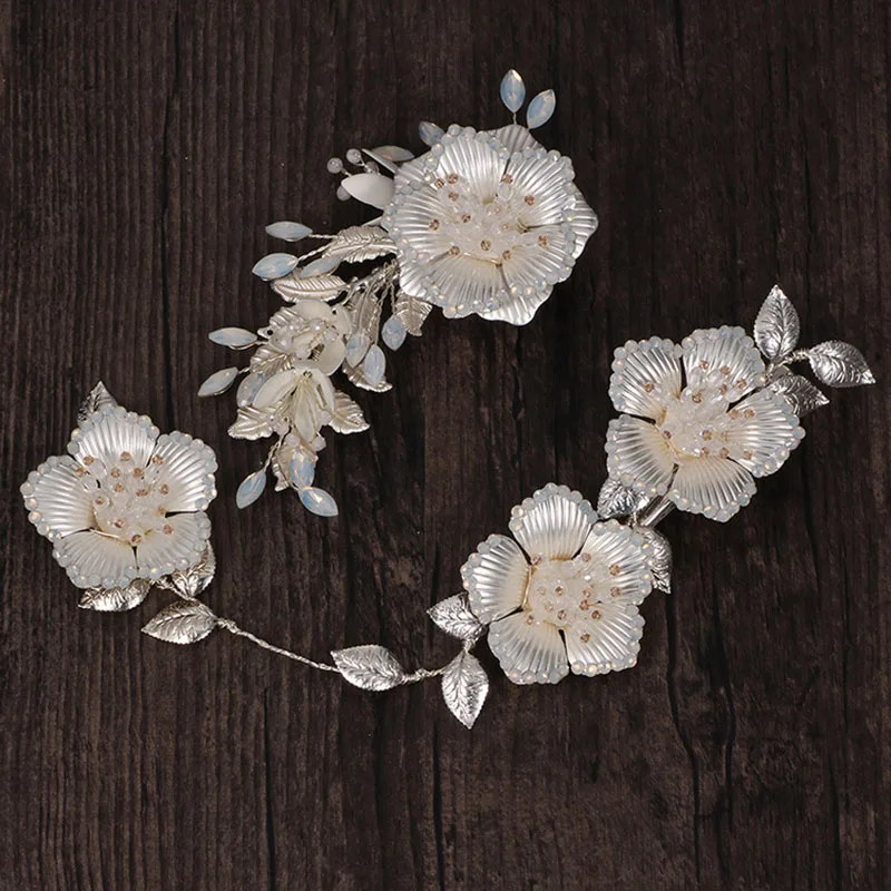 Floral Bridal Hair Clip Vine Woman Barrette Opal Crystal Wedding Hair Jewelry Handmade Bride Headpiece