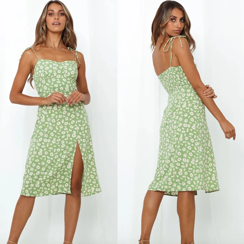 

ASDS-Elegant Adjust Spaghetti Straps Vestido Print Women Midi Dress Vintage Elastic Bust Side Split Women Dress