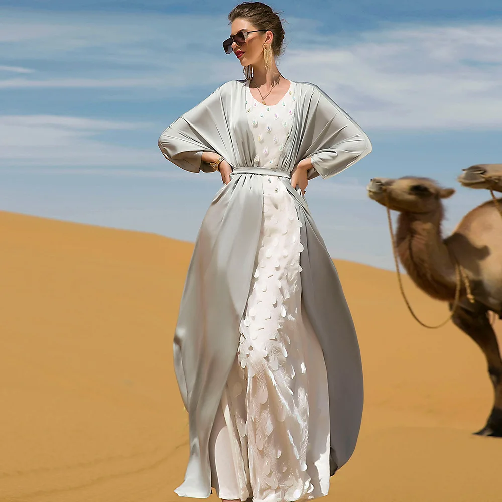 Abayas For Women Dubai 2022 Diamond Two Piece Set Dress Abaya Arabe Robe Femme Musulmane Caftan Marocain Arabic Jalabiya