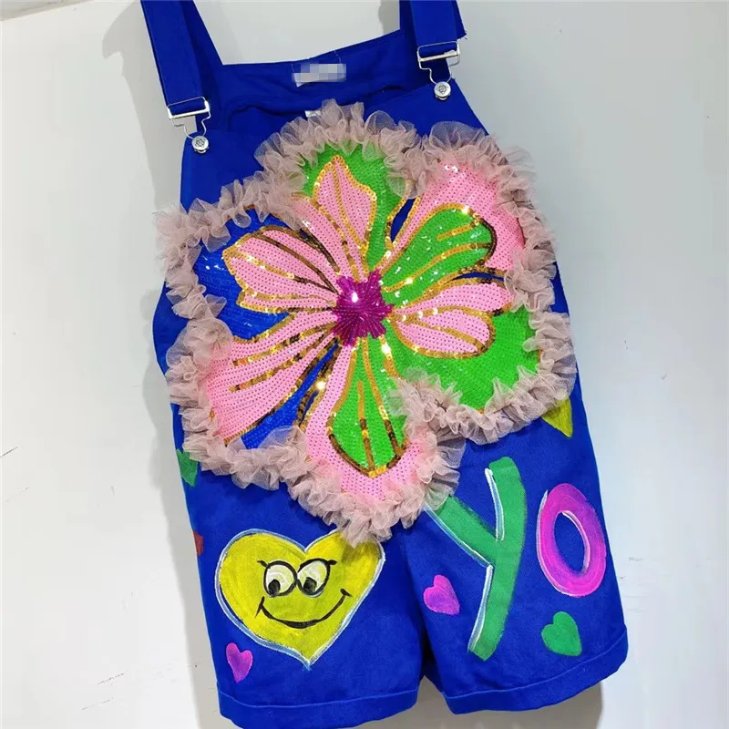 

Denim Suspenders 2022 New Summer Sequins Mesh Patchwork Loose Casual Shorts Cartoon Printing Wide Leg Overalls Jean Suspenders