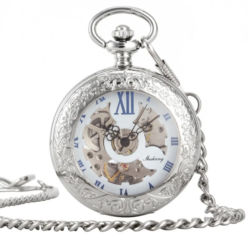 Silver Mechanical Hand Wind Antique Pocket Watch Exquisite Blue Roman Numerals Display Skeleton Pendant Clock Gifts Elder