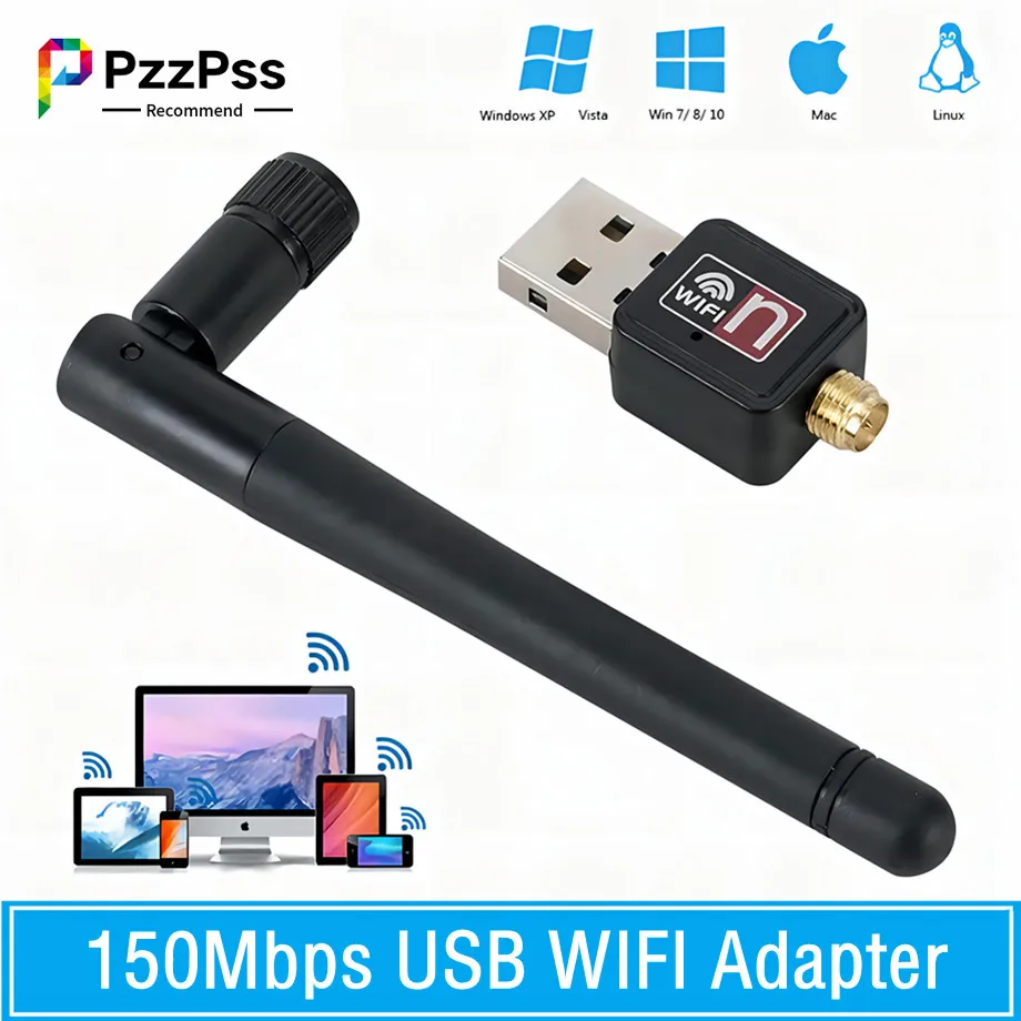 

PzzPss 150Mbps Wireless Network Card Mini USB 2.0 WiFi Adapter LAN Wi-Fi Receiver Dongle Antenna 802.11 b/g/n For Laptop PC