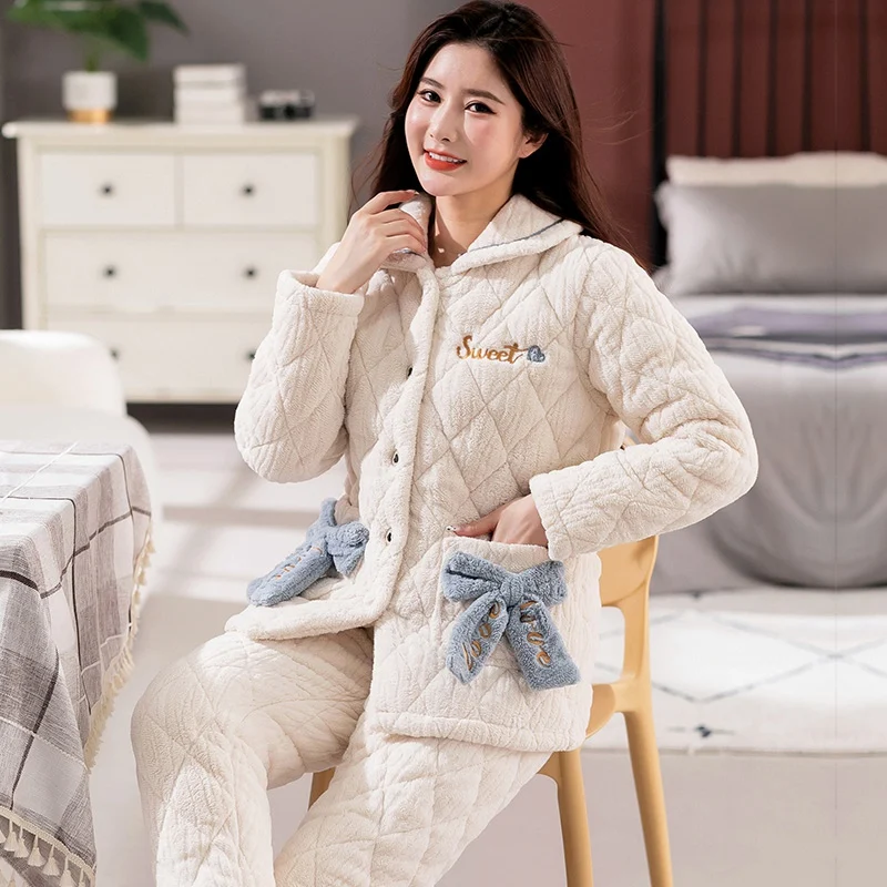 

2022 New Winter Long Sleeve Thick Warm Pajama Sets for Women Korean Cute Bow Sleepwear Pyjama Homewear Pijama Mujer Home Clothes